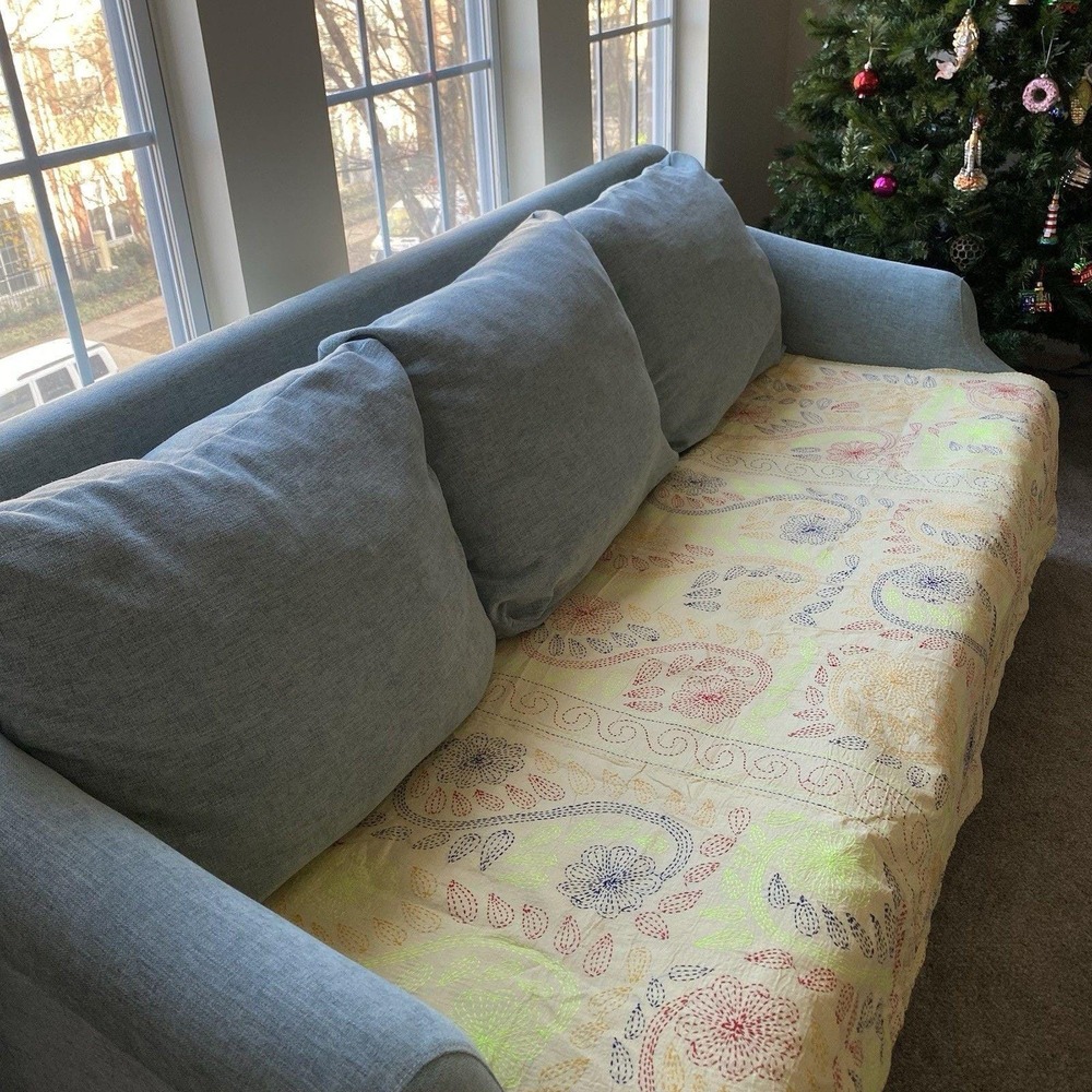 Vintage Handmade Kantha Embroidered Coverlet 80x92 Multicolor Floral Boho